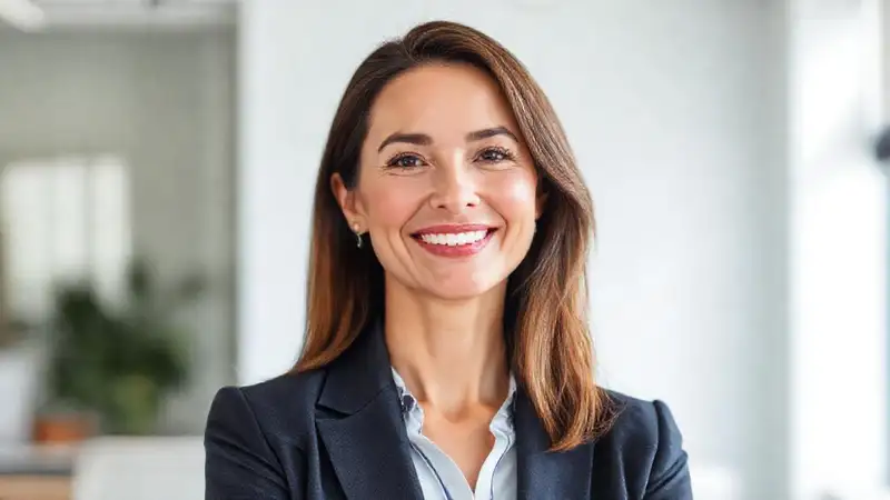 Una empresaria sonríe profesionalmente y amablemente