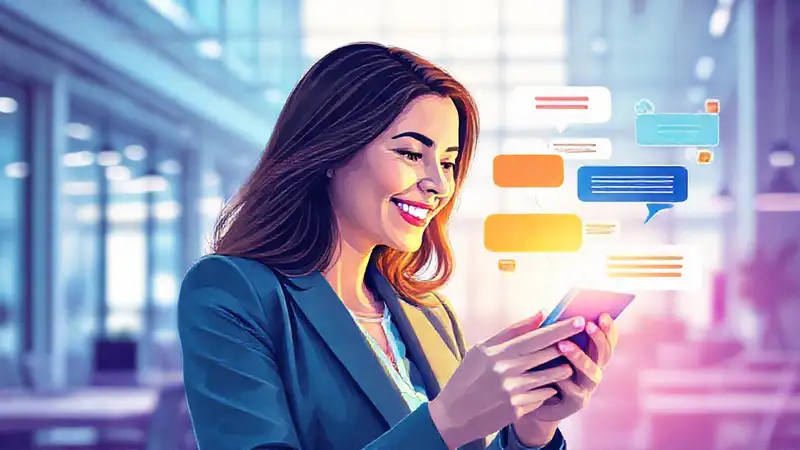 Mujer de negocios conversa digitalmente en oficina