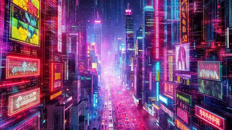 Ciudad neón digital y futurista vibrante