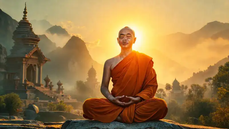 Monje medita en paz ancestral