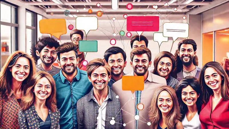 Personas felices conectan en espacio moderno