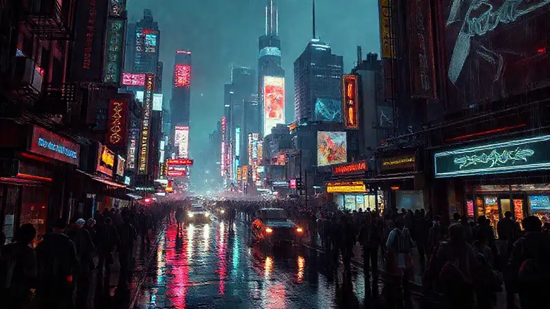 Ciudad cyberpunk futurista, oscura y vibrante