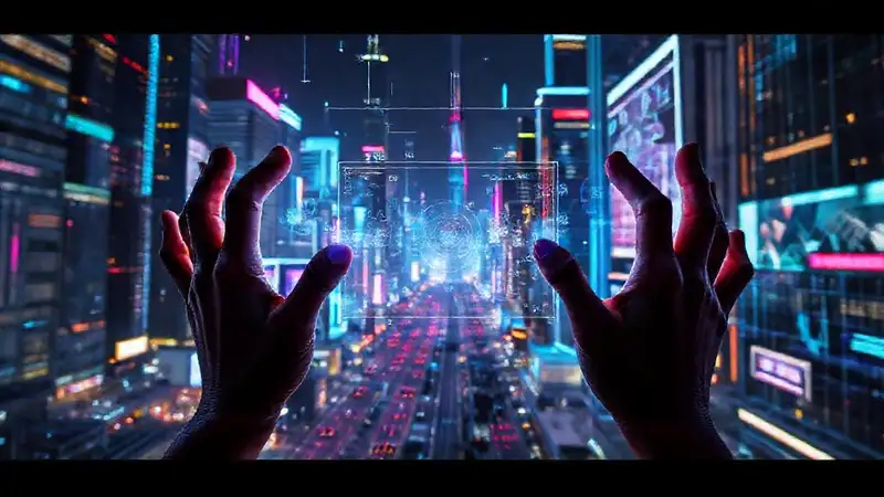 Ciudad futurista holográfica, tech inmersivo y vibrante