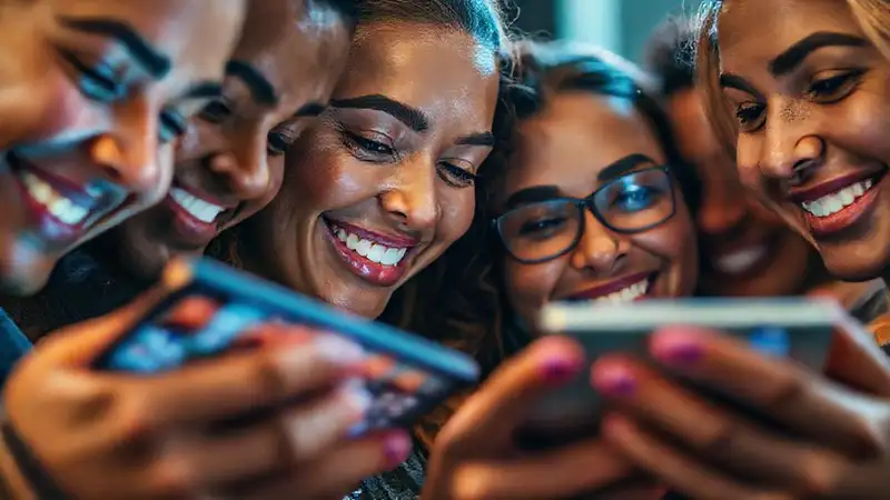 Conexiones digitales y rostros sonrientes vibrantes