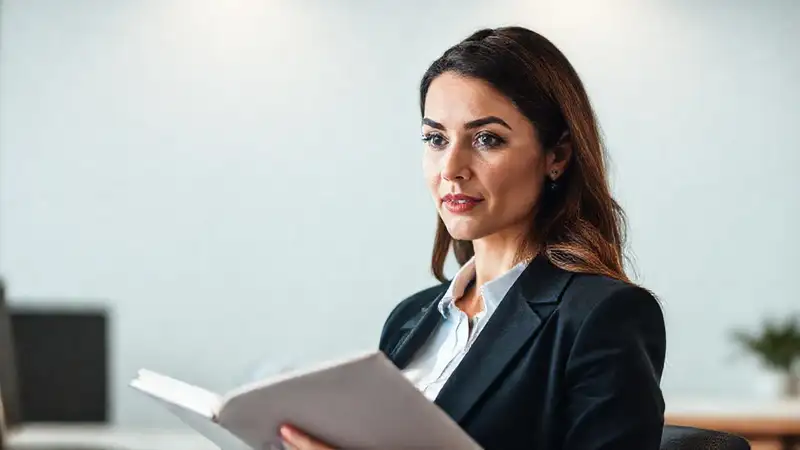 Mujer profesional escucha con atención serena