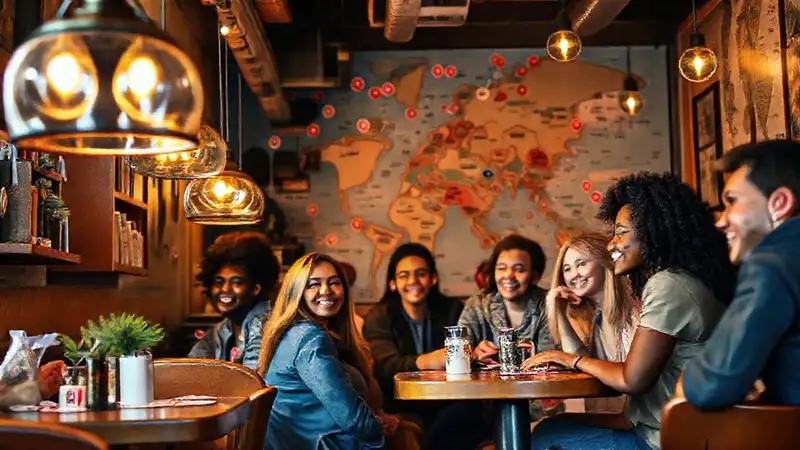 Café acogedor, vibrante y socialmente atractivo