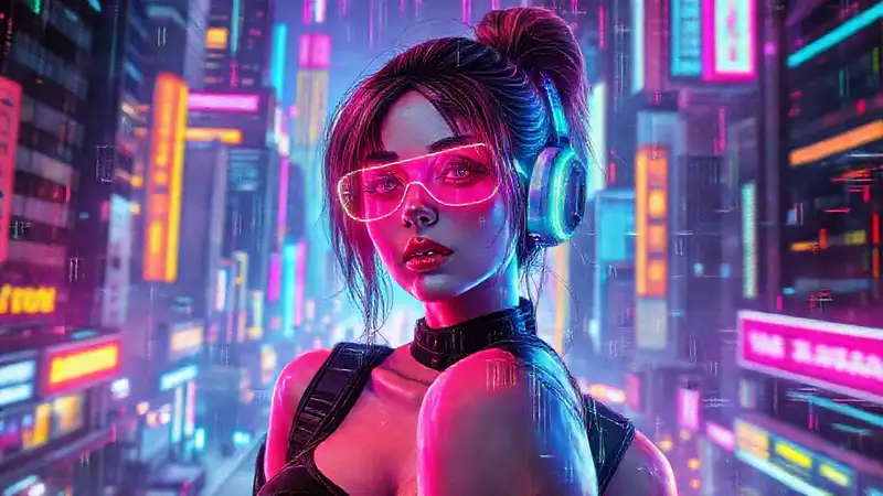 Mujer cyberpunk en ciudad futurista digital