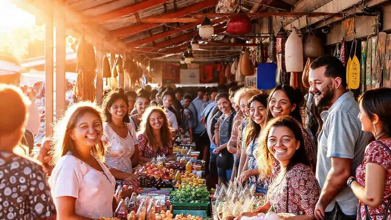 Mercado vibrante con gente feliz