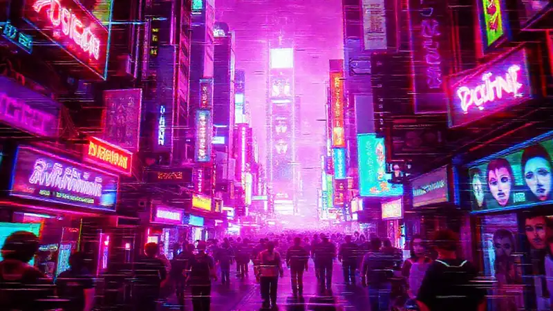 Ciudad cibernética digital, vibrante y caótica