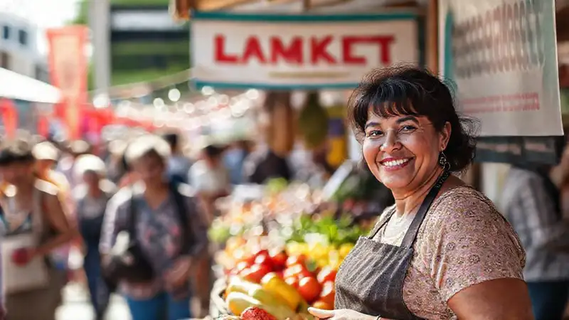 Mercado vibrante y acogedor bajo el sol