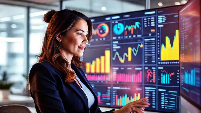Una ejecutiva analiza datos con éxito