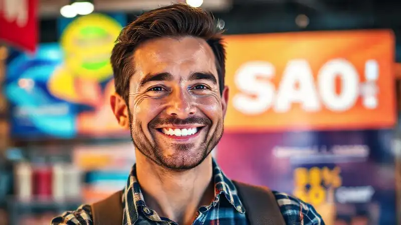 Un cliente sonríe en una oferta atractiva