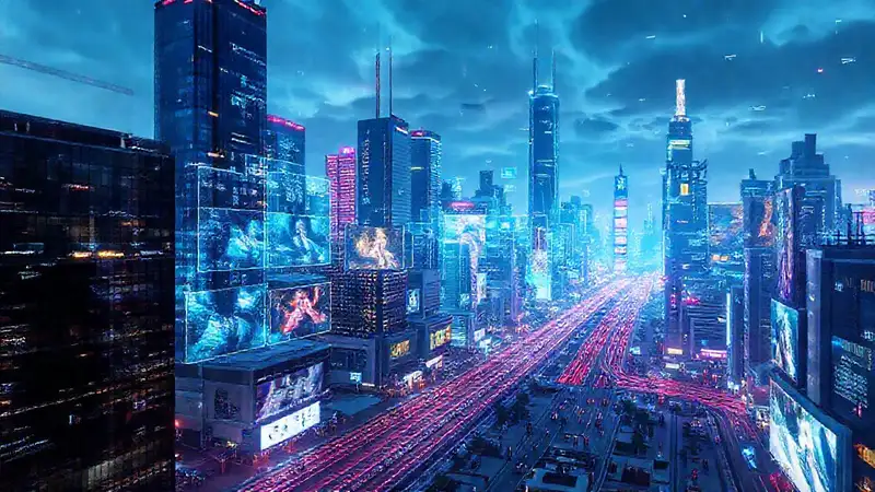 Una ciudad futurista y digitalmente vibrante