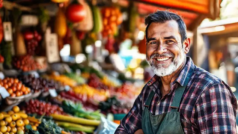 Un puesto de mercado alegre y colorido