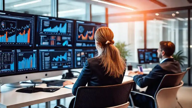 Mujer enfocada en reunión estratégica digital