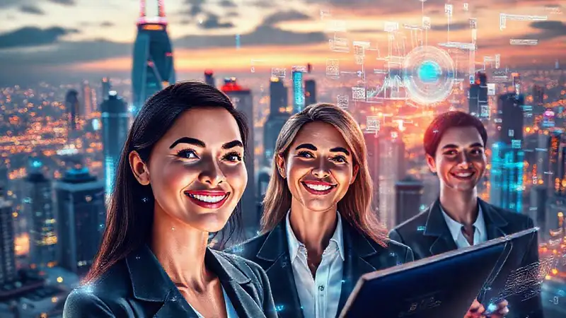 Ciudad futurista, datos brillantes y optimismo