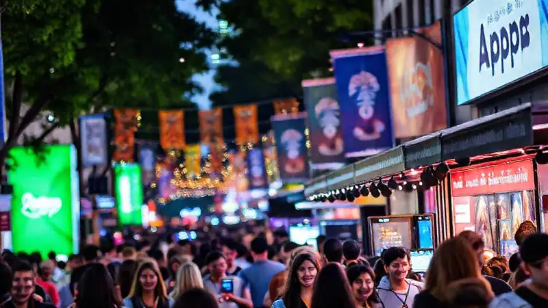 Una calle festiva con gente feliz