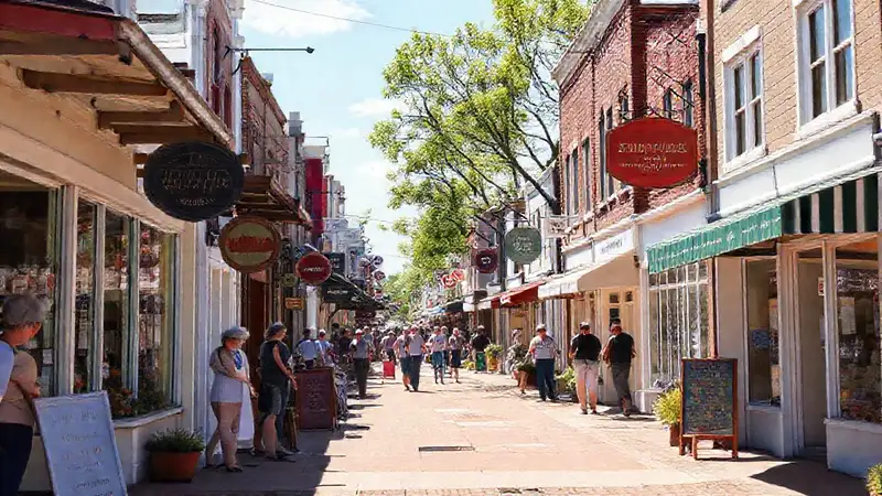 Pueblo alegre con negocios y sol