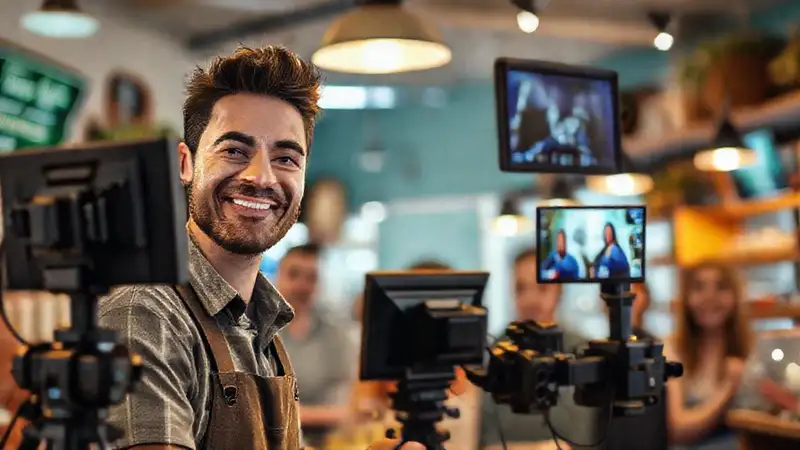 El dueño sonriente transmite alegría digitalmente