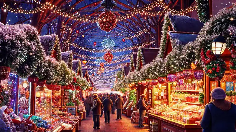 Mercado navideño vibrante y alegre