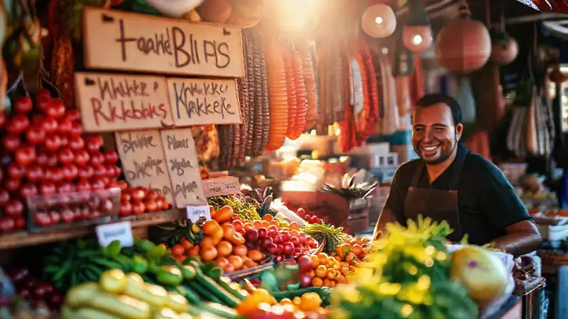 Mercado vibrante y acogedor a la luz