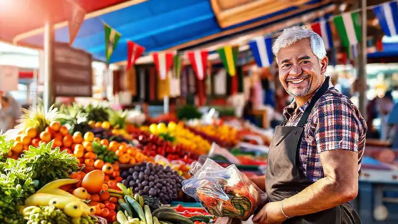Mercado vibrante y alegre en digital