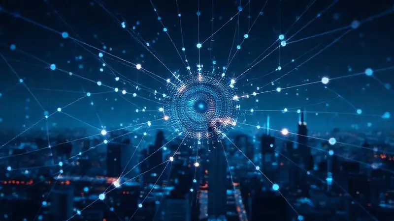 Redes digitales futuristas iluminan la ciudad