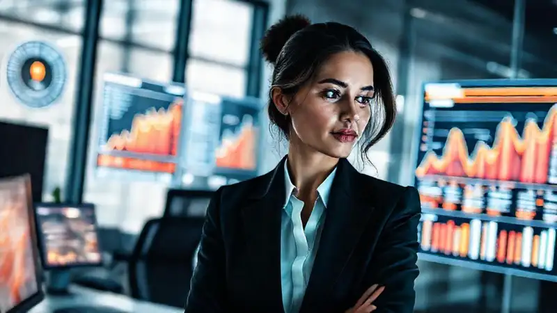 Mujer analítica en oficina moderna y digital