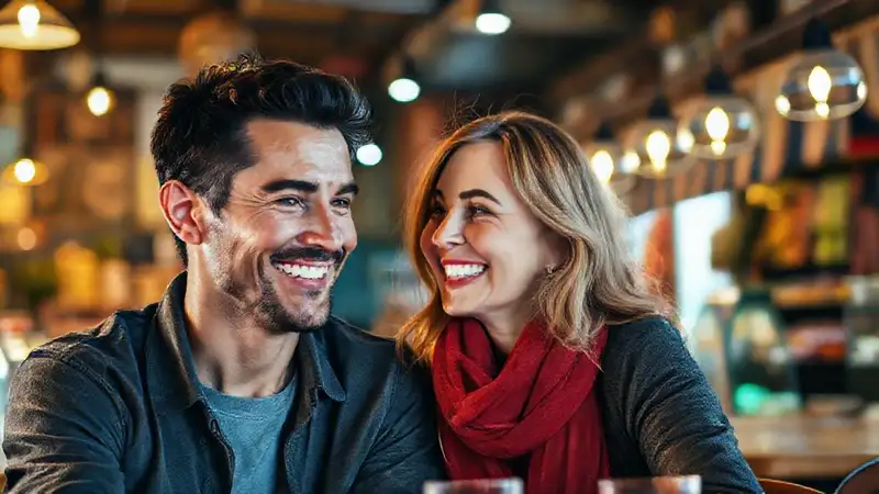 Pareja feliz en un café íntimo