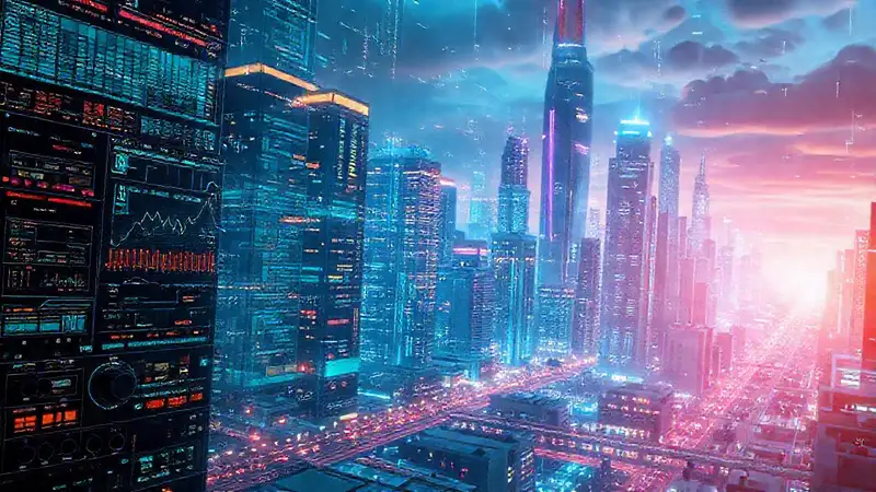 Ciudad futurista con inteligencia artificial brillante