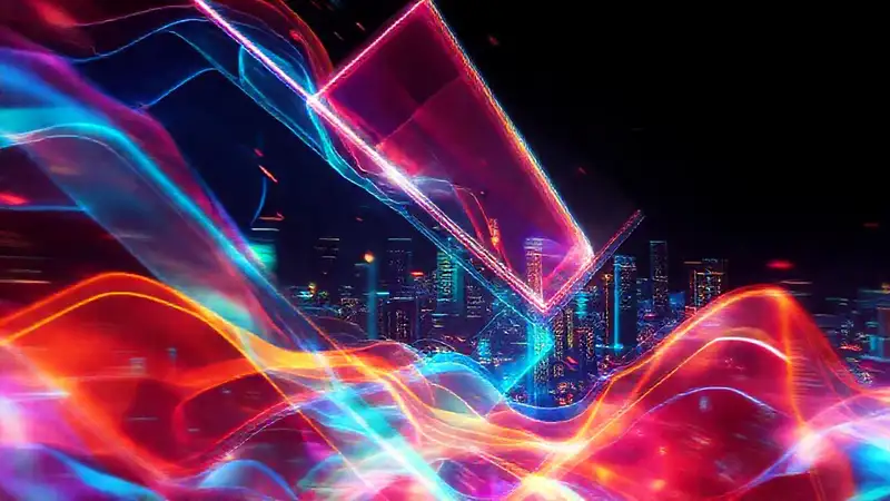 Ciudad futurista digitalmente distorsionada y vibrante