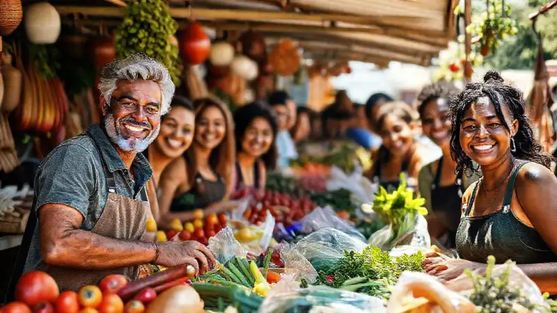 Mercado local, alegría y autenticidad vibrante
