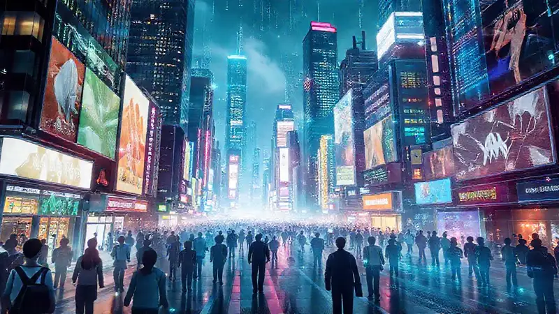 Una ciudad futurista digitalmente transformada brilla