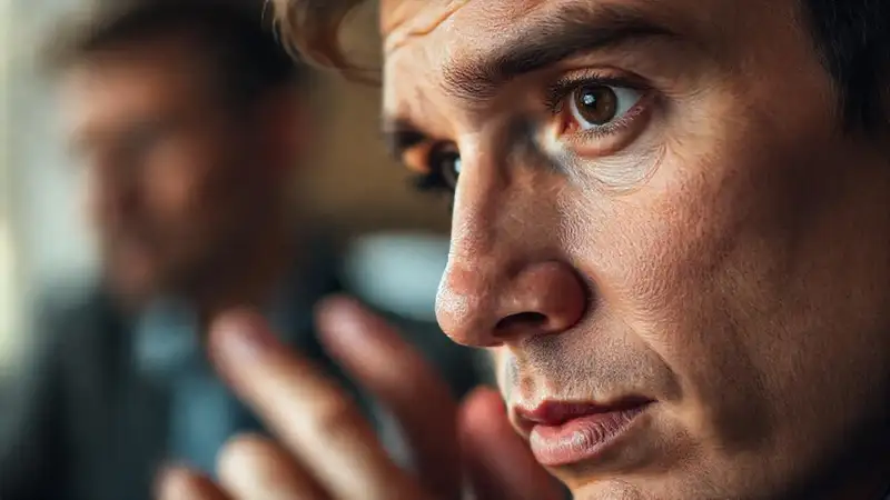 Cara pensativa, mirada empática y suave