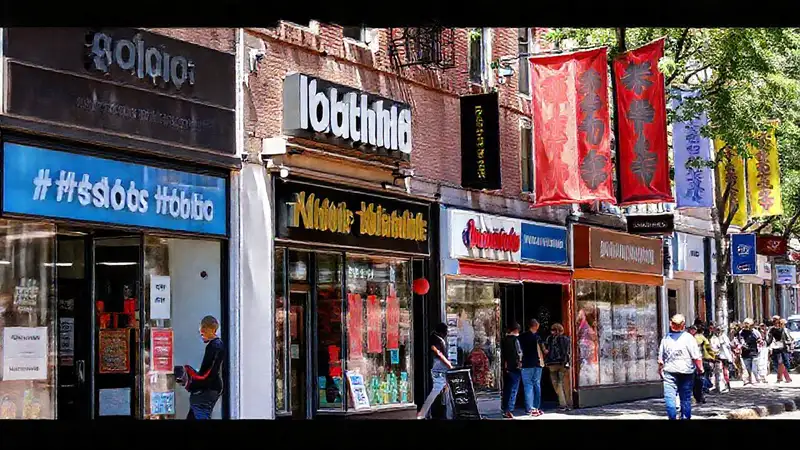 Vecindad vibrante con tiendas locales