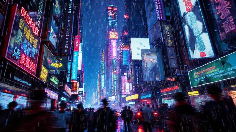La ciudad cibernética es caos digital vibrante