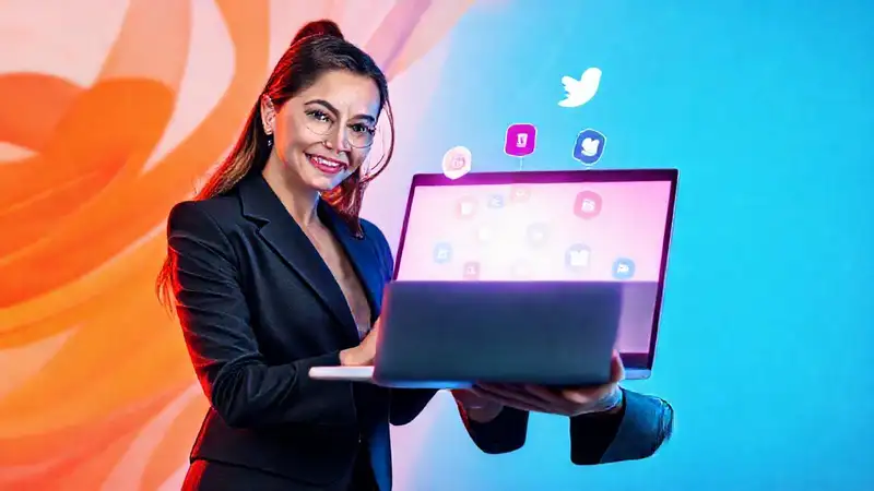 Mujer profesional usa laptop moderna con éxito