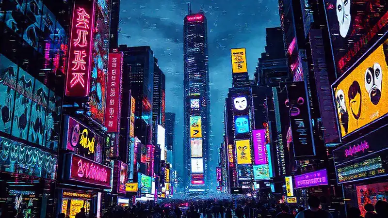 Ciudad moderna: caos digital vibrante y confuso