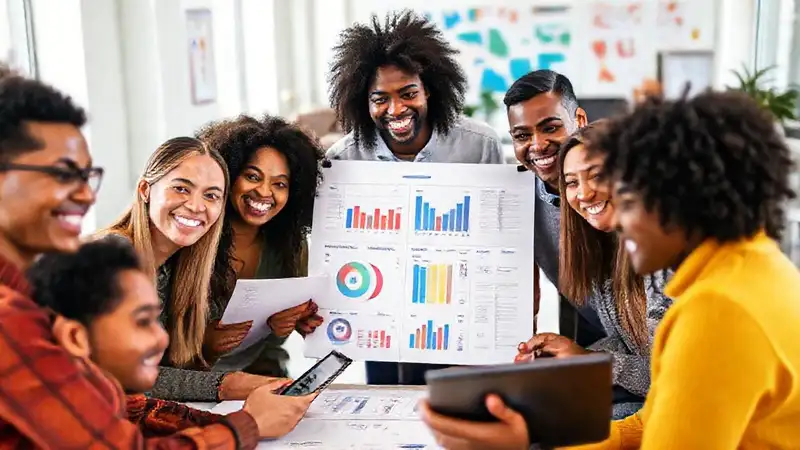 Un equipo diverso comparte ideas positivas