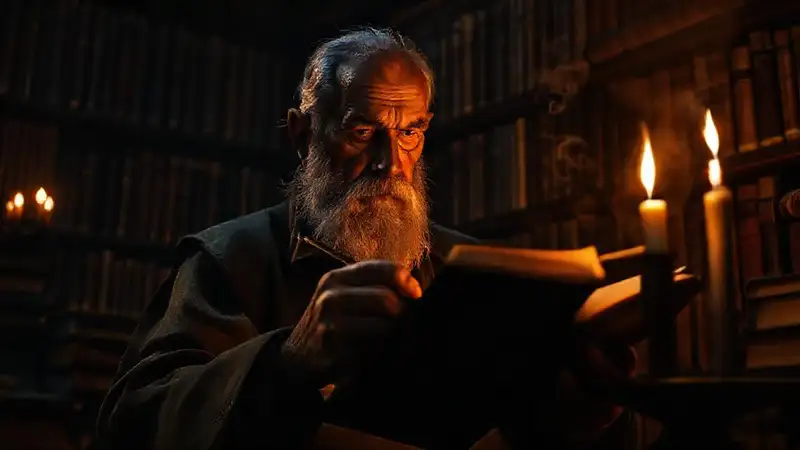 Una biblioteca oscura lee un anciano