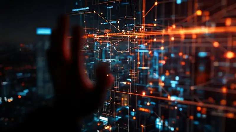 Interfaz digital futurista irradia datos complejos