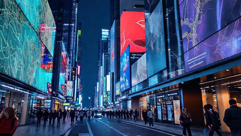 Ciudad moderna, vibrante y digitalmente iluminada