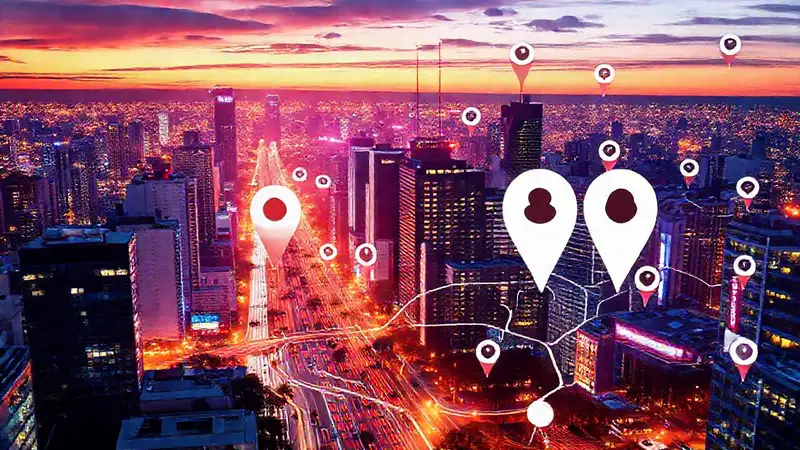 Ilustración digital de ciudad moderna y anuncios